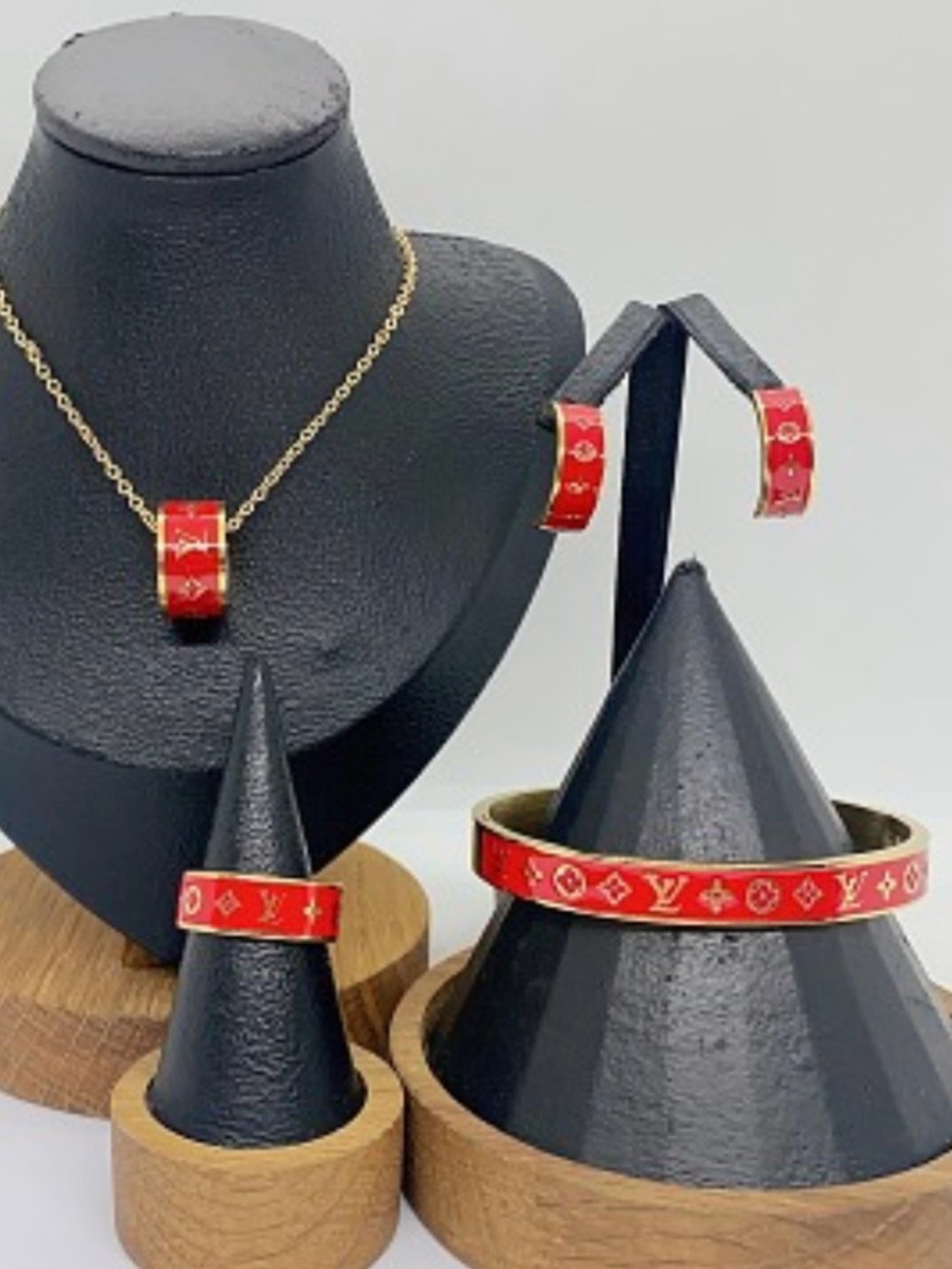Luxury Red Logo-Pattern Jewelry Set - Necklace, Bracelet, Earrings, Ring